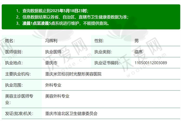 重庆米兰柏羽时光整形美容医院冯辉利医生简介